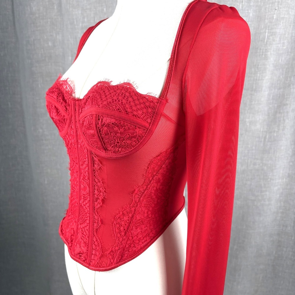 Corset Top Bustier Sz S Red Lace‎ Long Sleeve Crop Sheer Y2K Whimsigoth Vamp